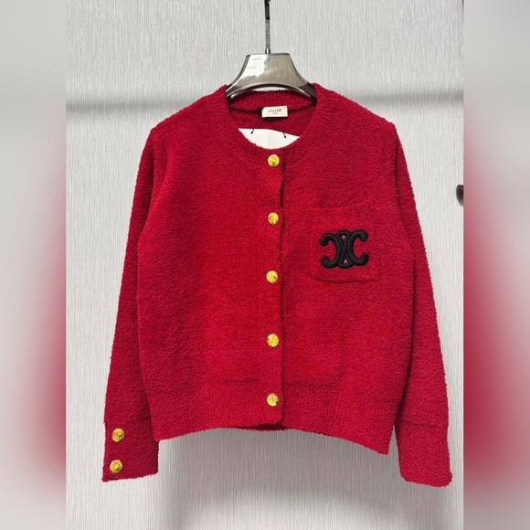 Celine Sweaters - Celine Red Crewneck Stereoscopic Letter Logo Embroidered Knit Cardigan